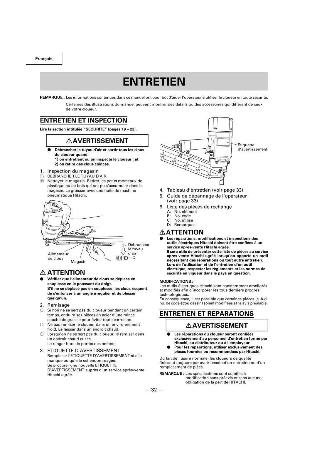 Hitachi NR83A2(S1) Entretien ET Inspection, Entretien ET Reparations Avertissement, Inspection du magasin, Remisage 