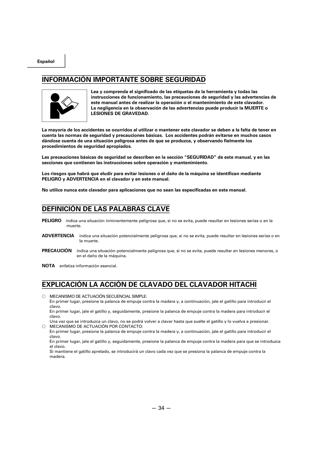 Hitachi NR83A2(S1) manual Información Importante Sobre Seguridad, Definición DE LAS Palabras Clave, Lesiones DE Gravedad 