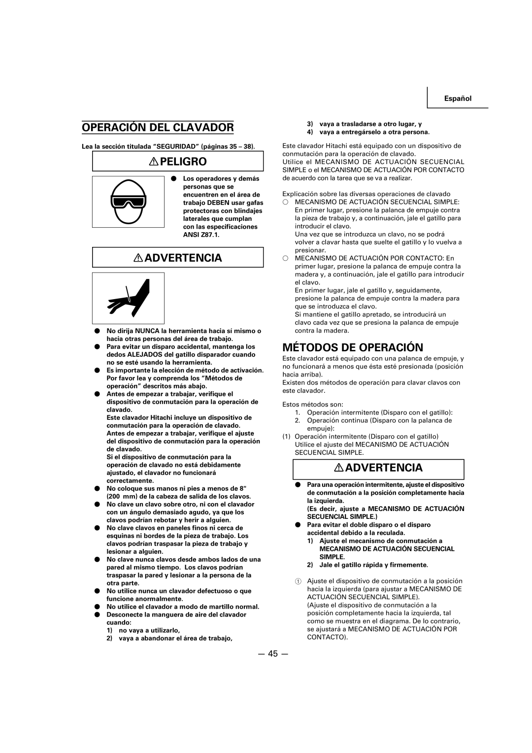 Hitachi NR83A2(Y), NR83A2(S1) manual Operación DEL Clavador, Métodos DE Operación 