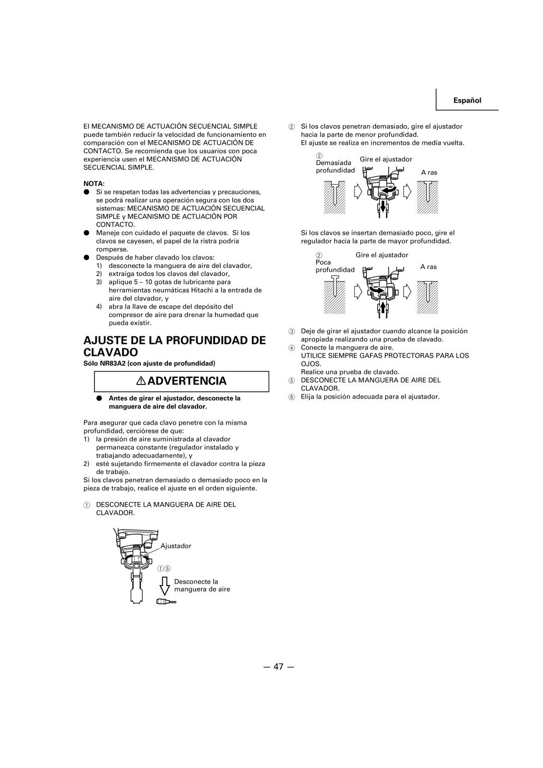 Hitachi NR83A2(Y), NR83A2(S1) manual Ajuste DE LA Profundidad DE Clavado, Desconecte LA Manguera DE Aire DEL Clavador 