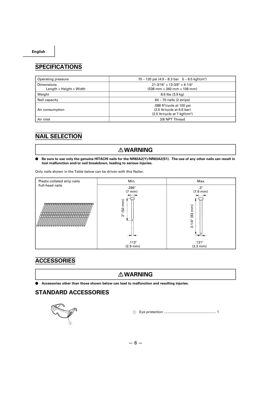 Hitachi NR83A2(S1), NR83A2(Y) manual Specifications, Nail Selection, Standard Accessories 