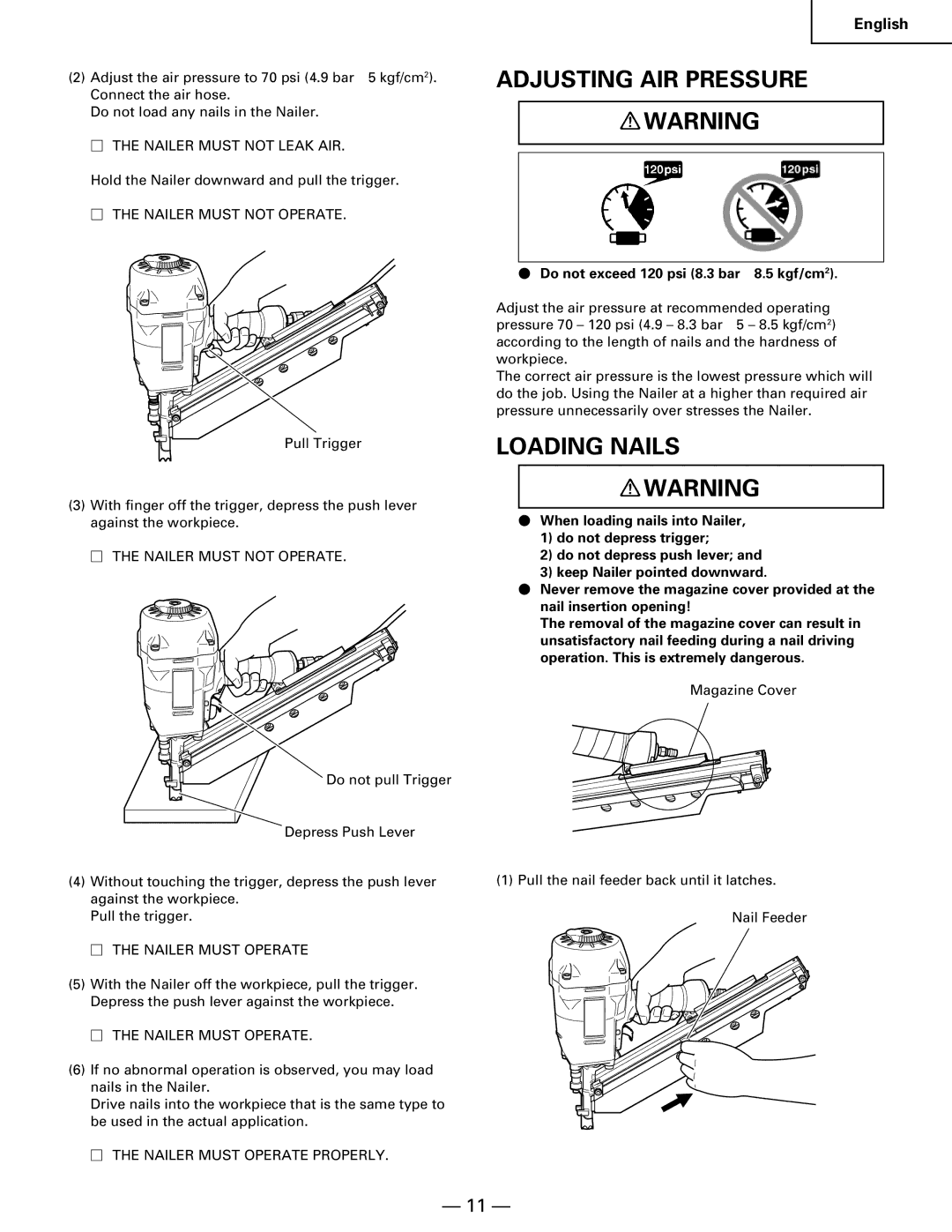 Hitachi NR90AA instruction manual Adjusting AIR Pressure, Loading Nails 