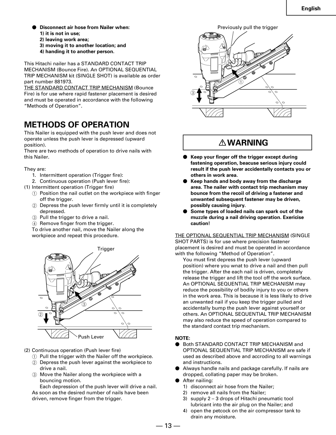 Hitachi NR90AA instruction manual Methods of Operation 