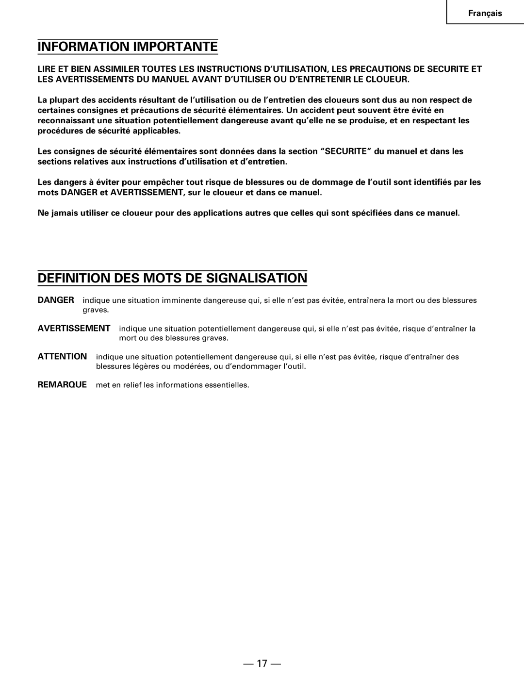 Hitachi NR90AA instruction manual Information Importante, Definition DES Mots DE Signalisation 