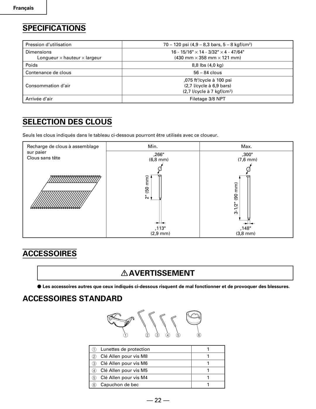 Hitachi NR90AA instruction manual Selection DES Clous, Accessoires Avertissement, Accessoires Standard 