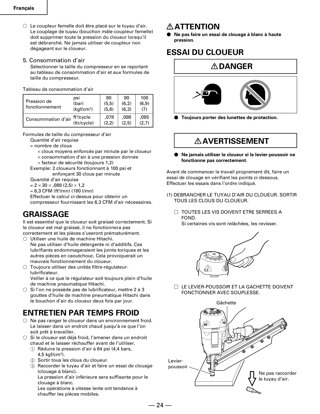 Hitachi NR90AA instruction manual Graissage, Entretien PAR Temps Froid, Essai DU Cloueur, Consommation d’air 