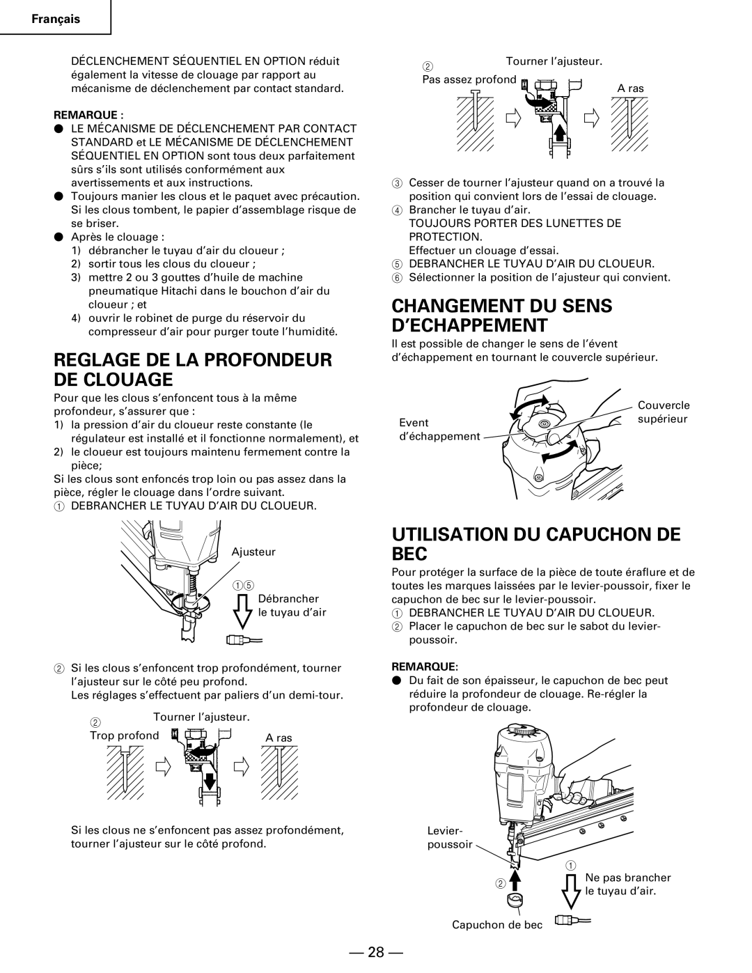 Hitachi NR90AA Reglage DE LA Profondeur DE Clouage, Changement DU Sens ’ECHAPPEMENT, Utilisation DU Capuchon DE BEC 