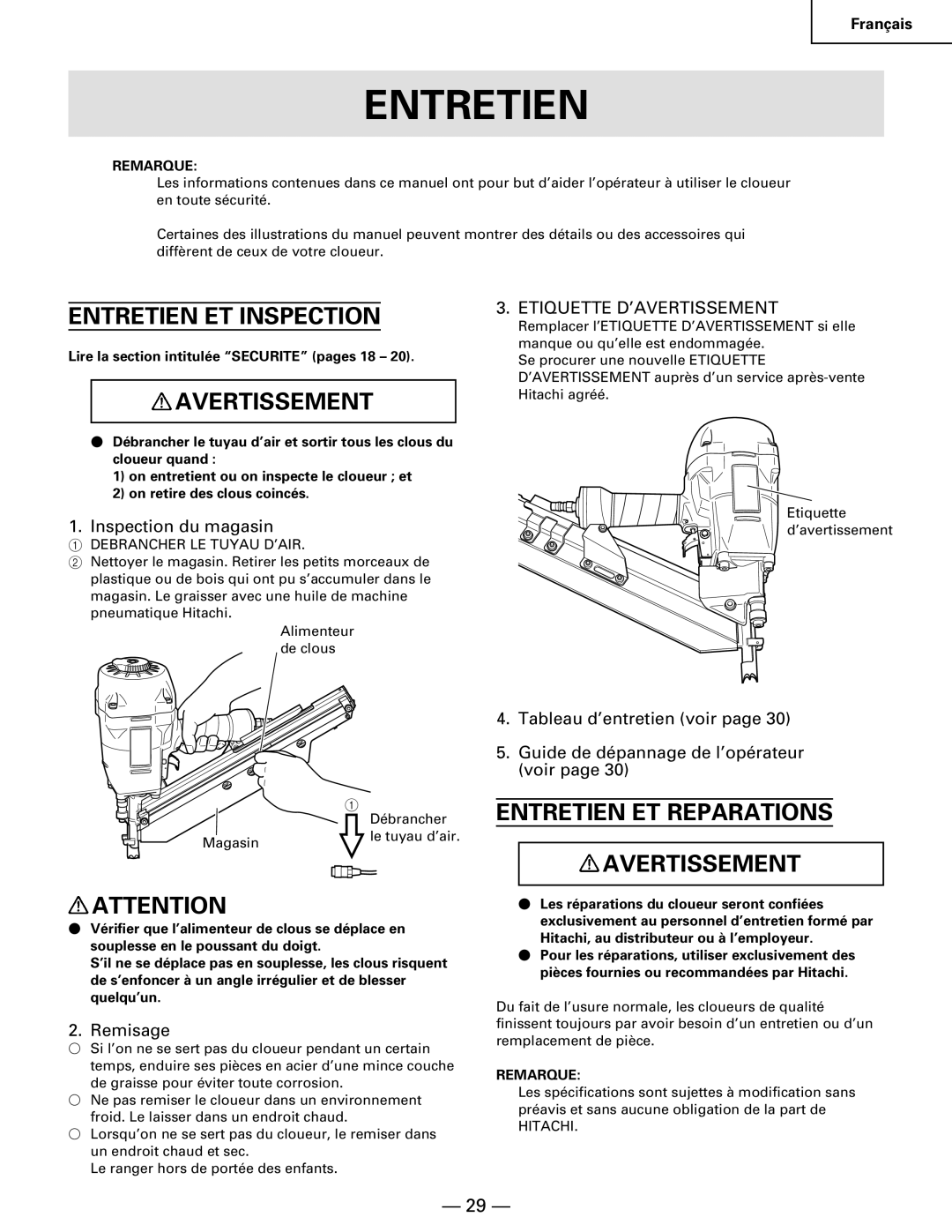 Hitachi NR90AA Entretien ET Inspection, Entretien ET Reparations Avertissement, Inspection du magasin, Remisage 