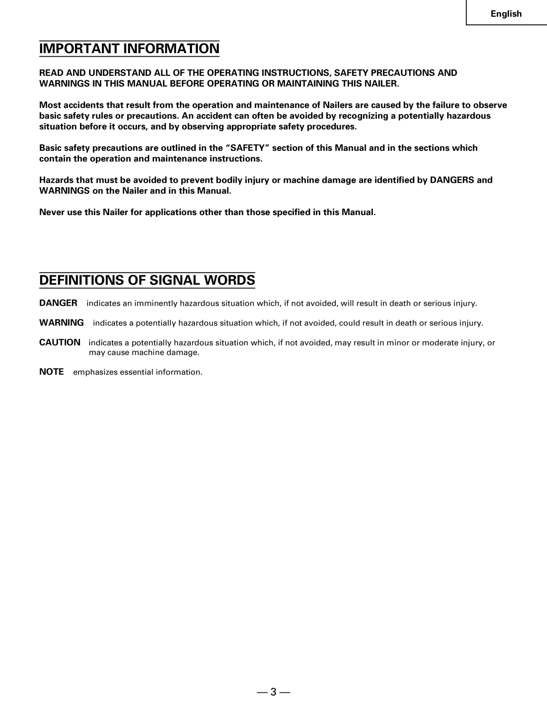 Hitachi NR90AA instruction manual Important Information, Definitions of Signal Words 