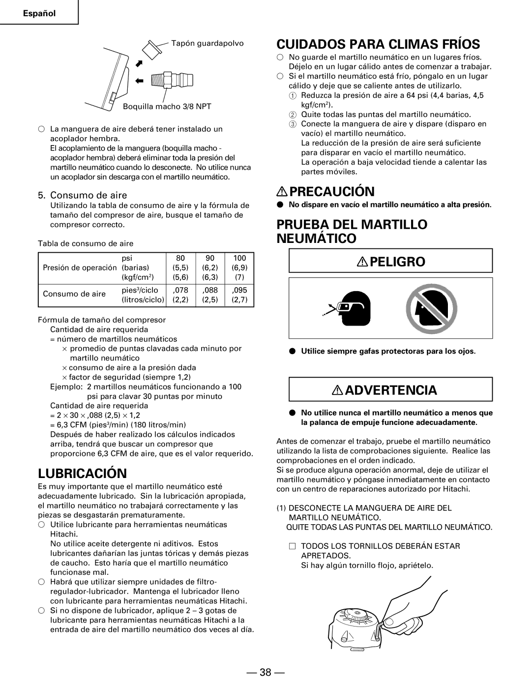 Hitachi NR90AA Lubricación, Cuidados Para Climas Fríos, Precaución, Prueba DEL Martillo Neumático Peligro, Consumo de aire 