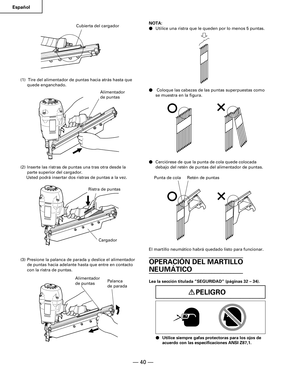 Hitachi NR90AA instruction manual Operación DEL Martillo Neumático 