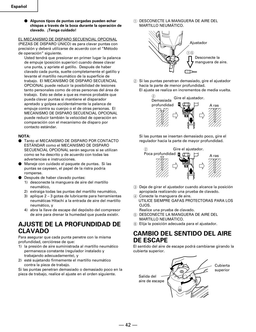 Hitachi NR90AA instruction manual Ajuste DE LA Profundidad DE Clavado, Cambio DEL Sentido DEL Aire DE Escape 