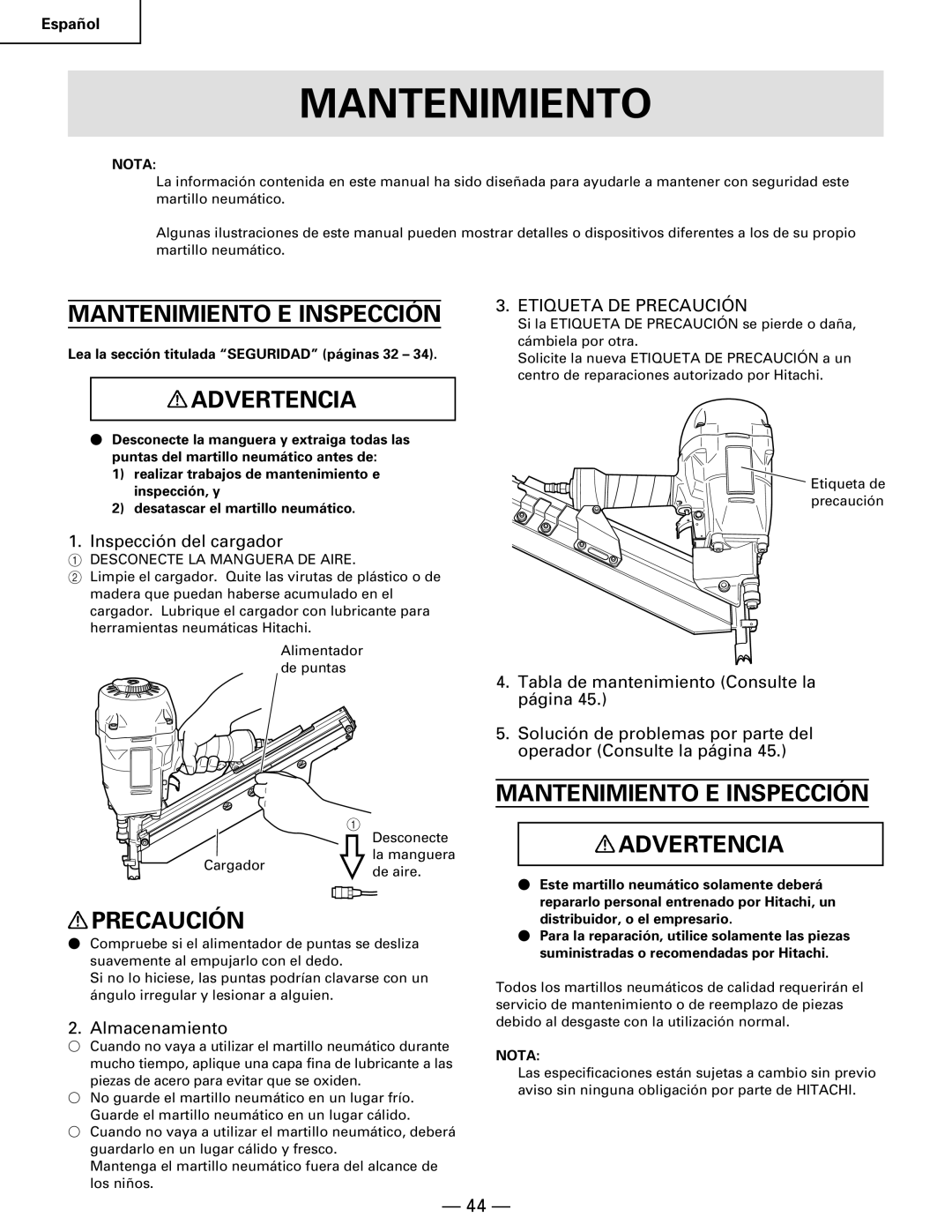 Hitachi NR90AA instruction manual Mantenimiento E Inspección Advertencia, Inspección del cargador, Almacenamiento 