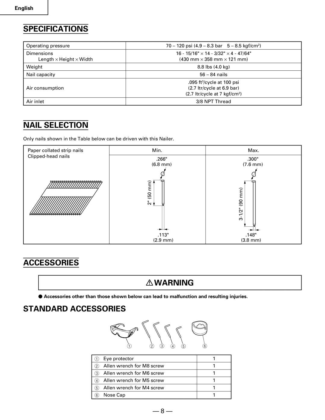 Hitachi NR90AA instruction manual Specifications, Nail Selection, Standard Accessories 