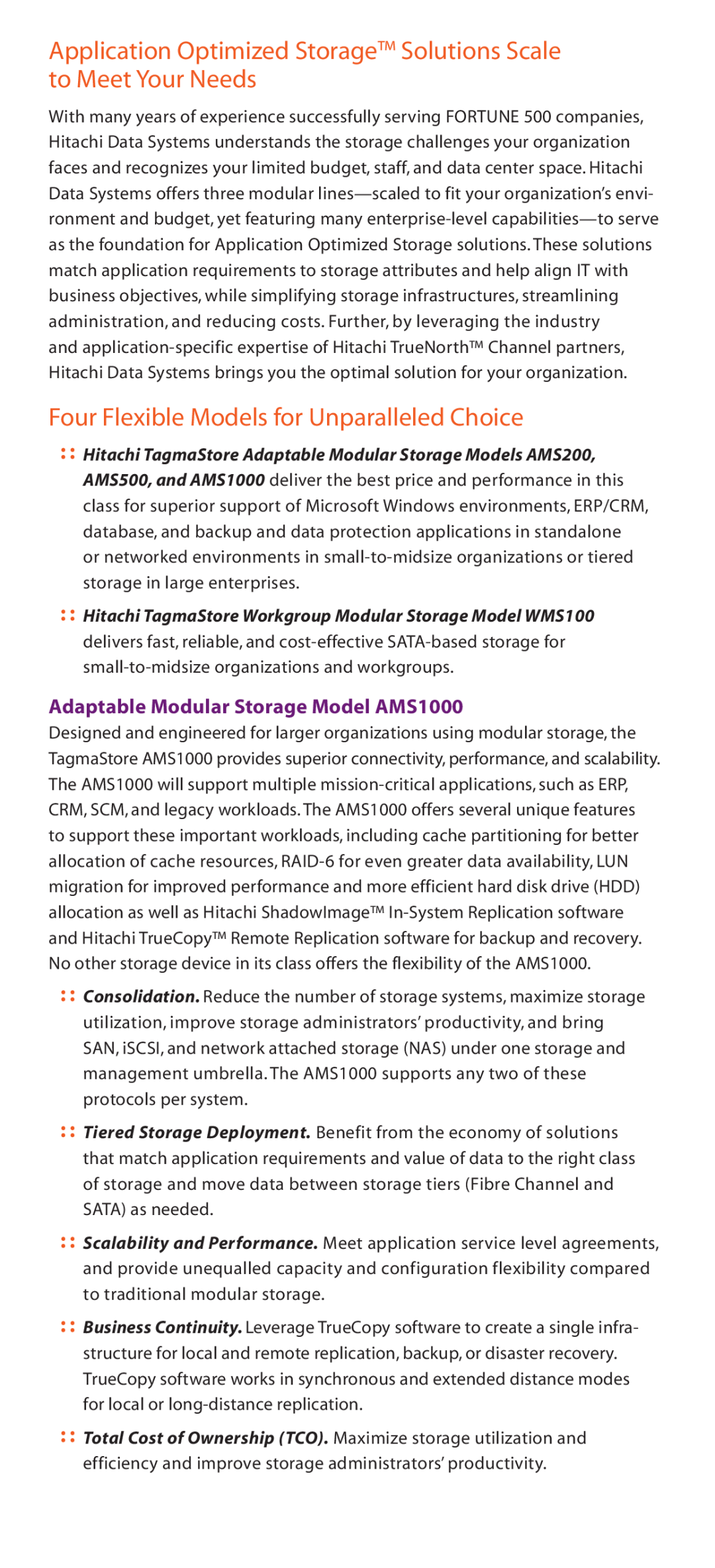 Hitachi AMS200, NSC55, WMS100, AMS500 Four Flexible Models for Unparalleled Choice, Adaptable Modular Storage Model AMS1000 
