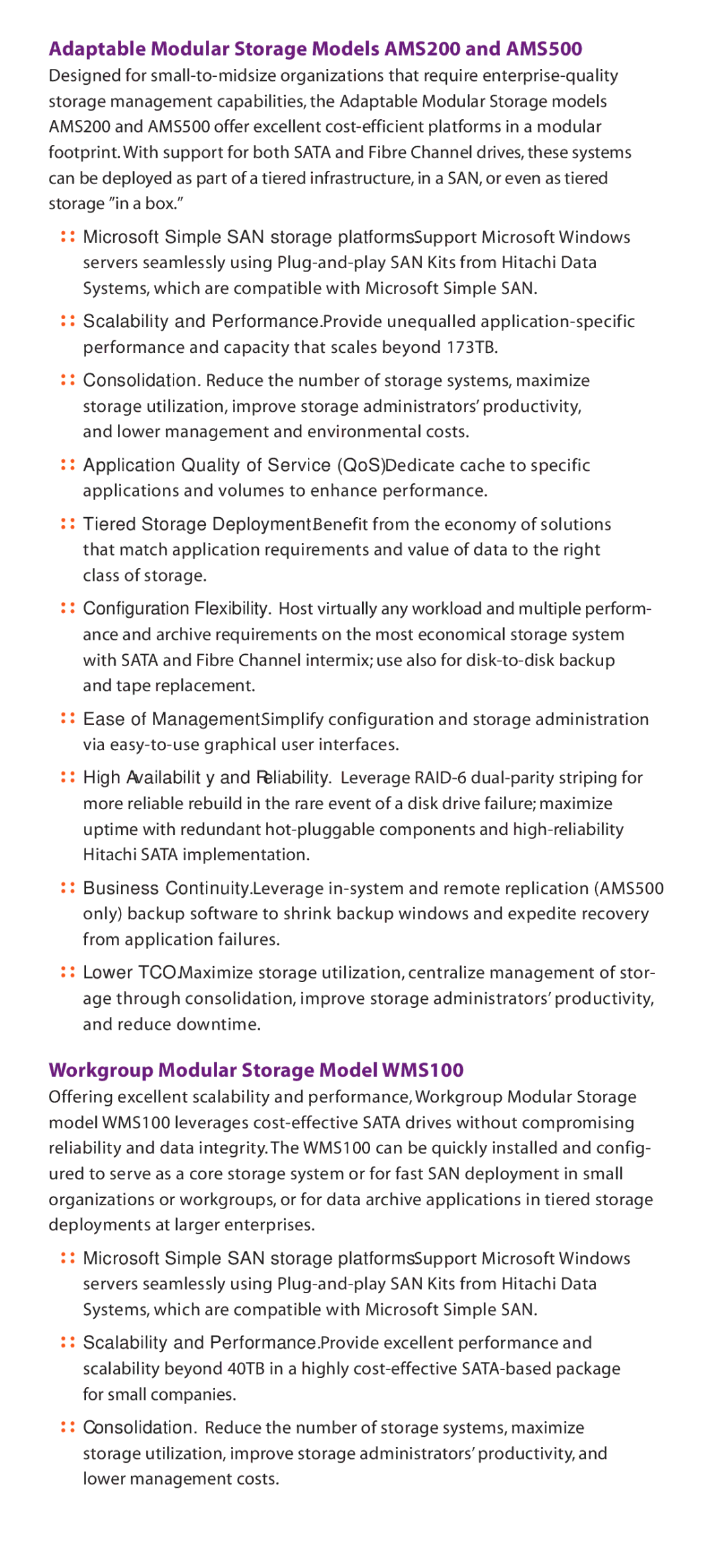 Hitachi AMS1000, NSC55 manual Adaptable Modular Storage Models AMS200 and AMS500, Workgroup Modular Storage Model WMS100 