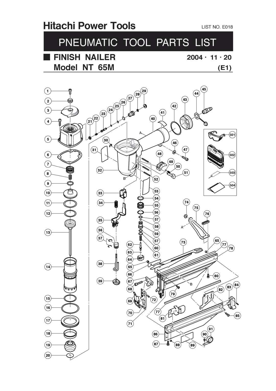 Hitachi NT 65M manual Pneumatic Tool Parts List 