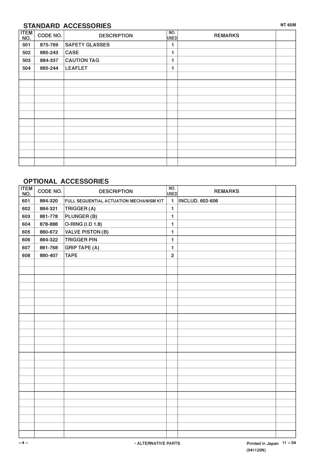 Hitachi NT 65M manual Standard Accessories, Optional Accessories 