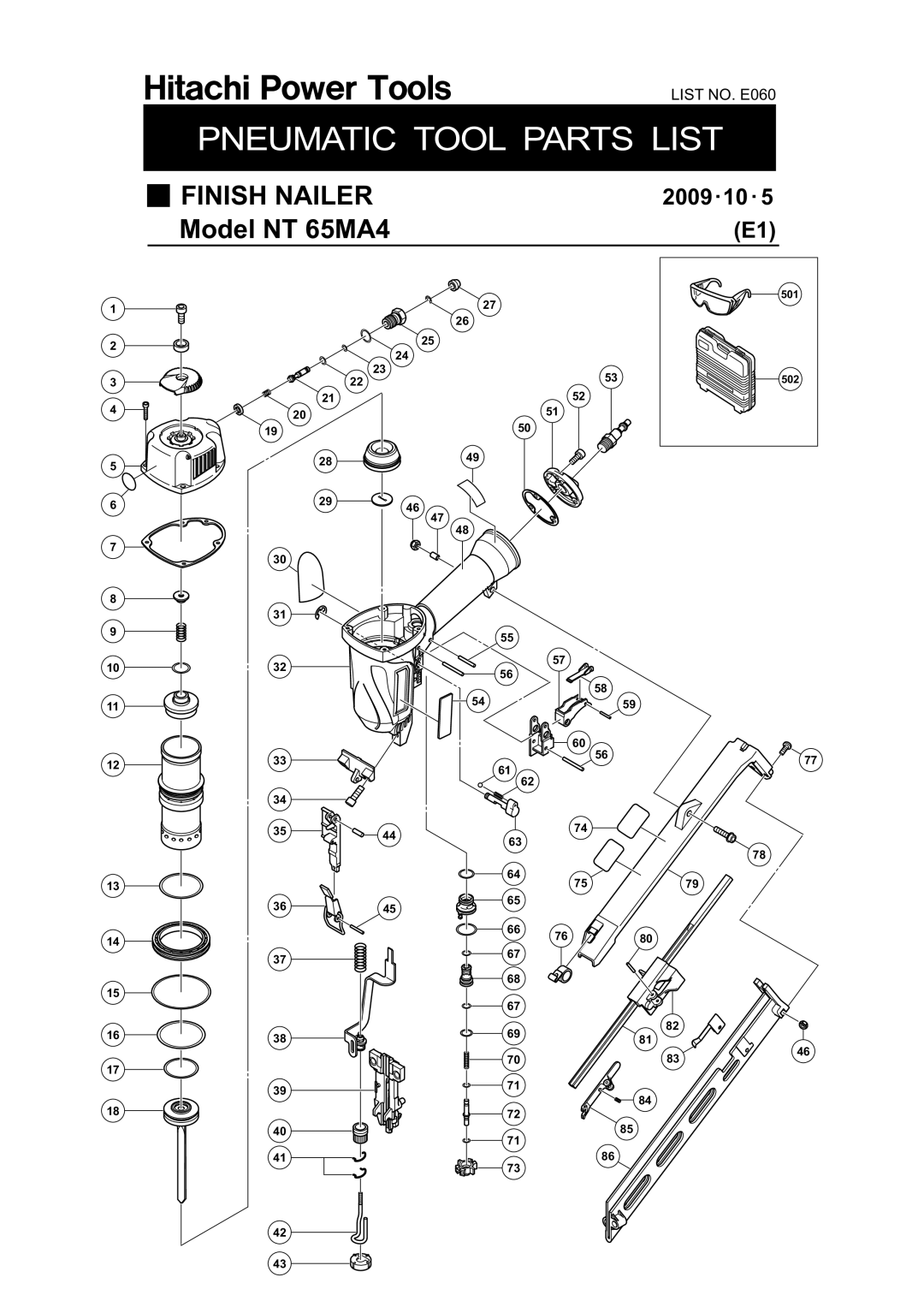 Hitachi NT 65MA4 manual Pneumatic Tool Parts List 