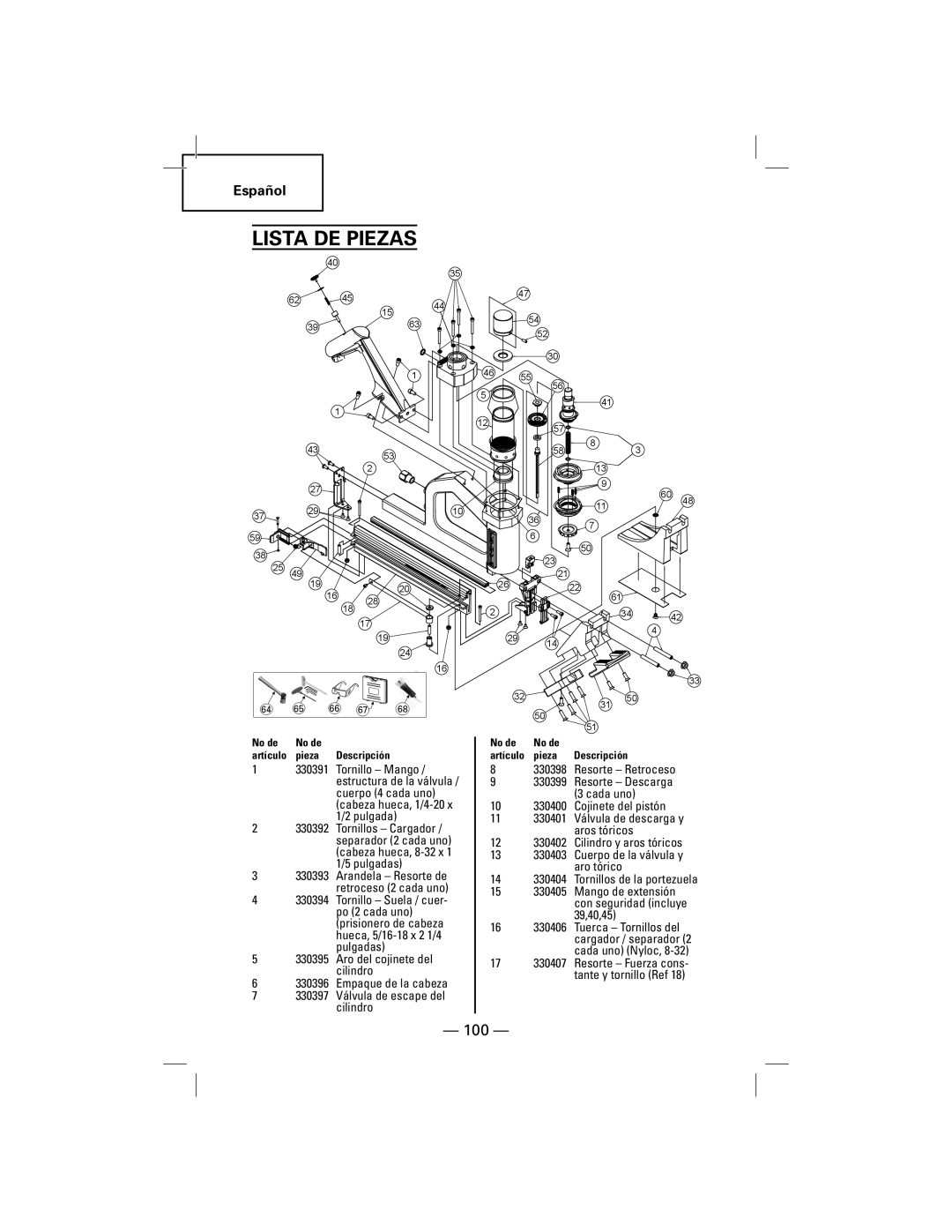 Hitachi NT50AGF manual Lista DE Piezas, No de Artículo Pieza Descripción 