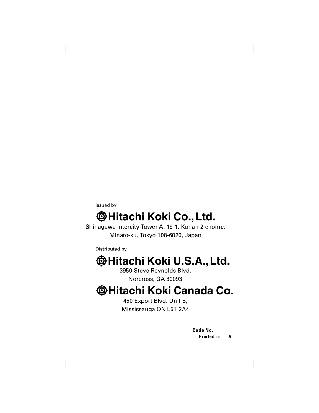 Hitachi NT50AGF manual Steve Reynolds Blvd Norcross, GA, Export Blvd. Unit B Mississauga on L5T 2A4 