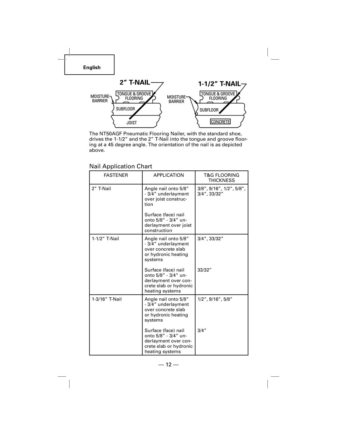 Hitachi NT50AGF manual Nail Application Chart, Fastener Application Flooring Thickness 