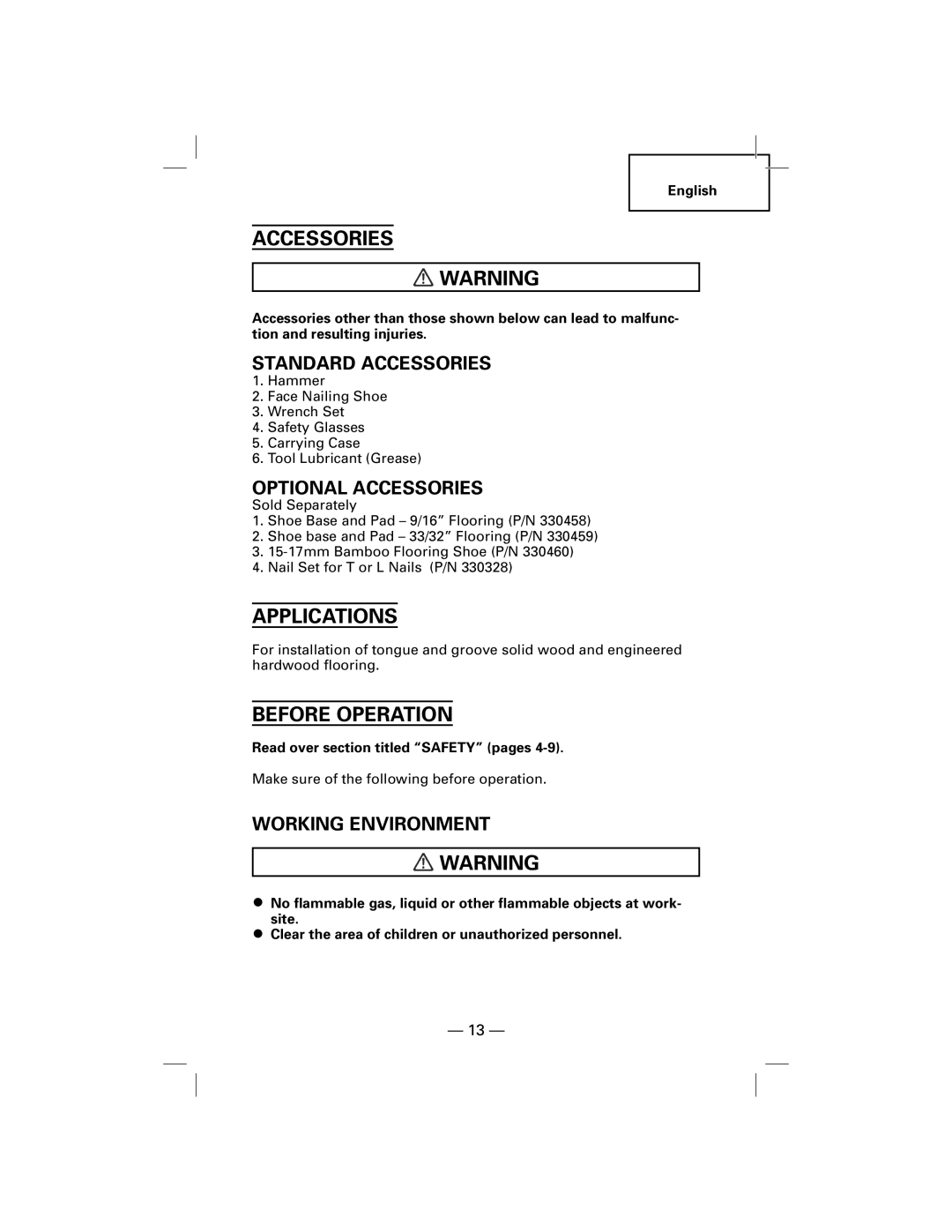 Hitachi NT50AGF manual Accessories, Applications, Before Operation 