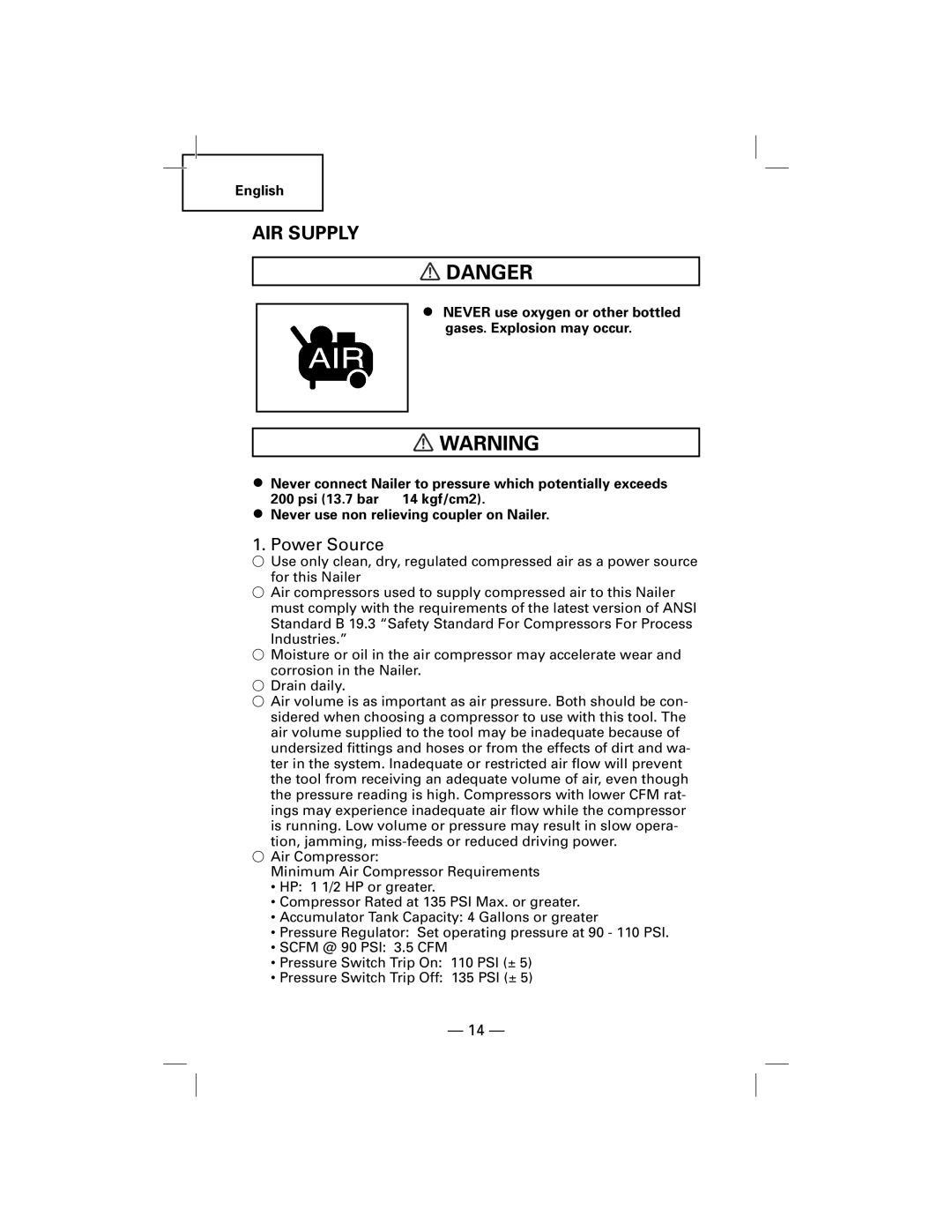 Hitachi NT50AGF manual AIR Supply, Power Source 