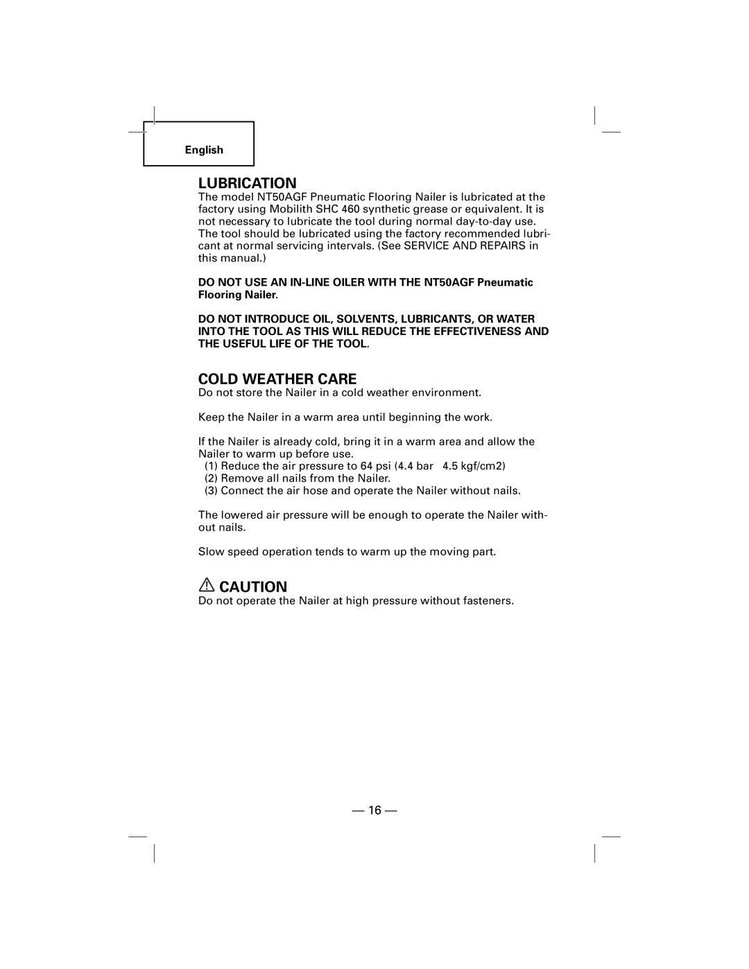 Hitachi NT50AGF manual Lubrication, Cold Weather Care 