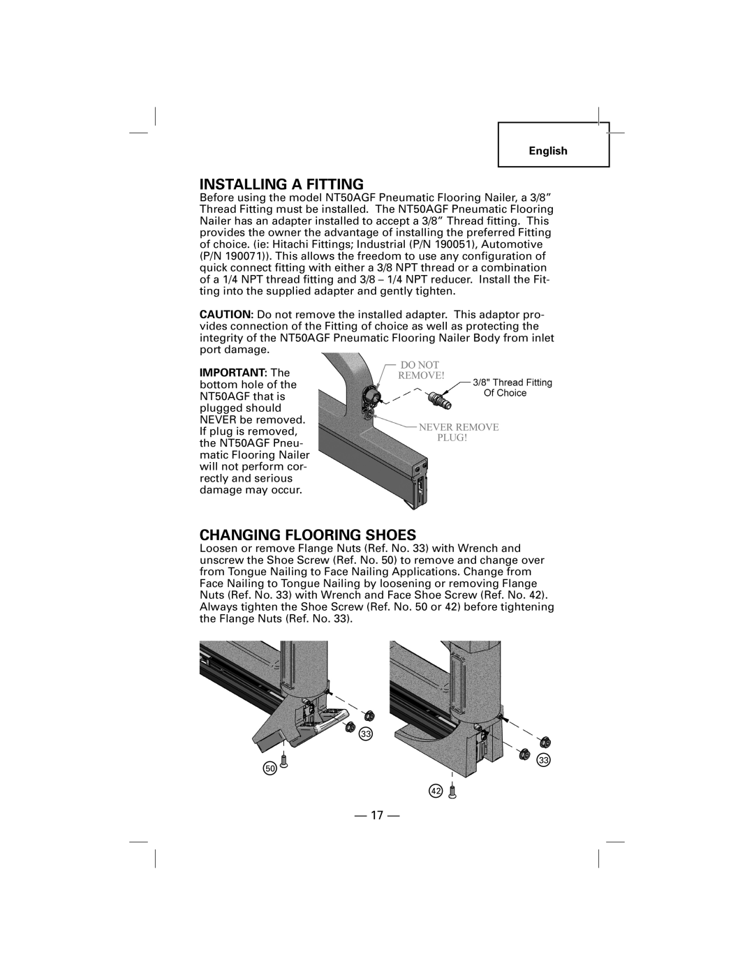 Hitachi NT50AGF manual Installing a Fitting, Changing Flooring Shoes 