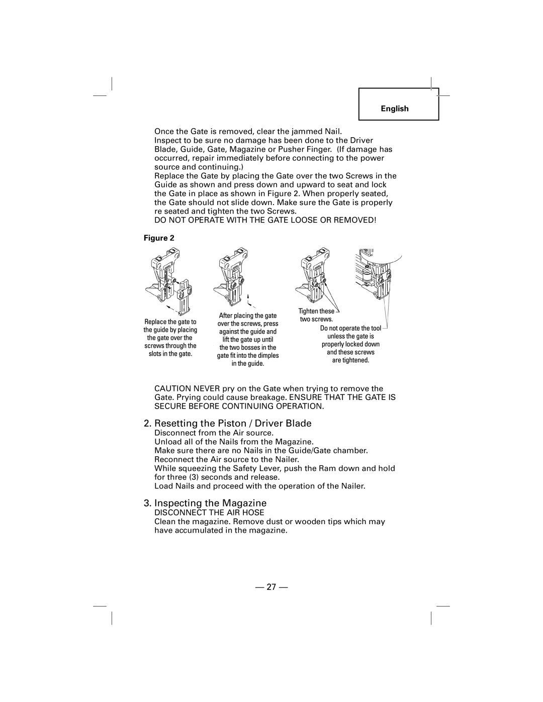 Hitachi NT50AGF manual Resetting the Piston / Driver Blade, Inspecting the Magazine 