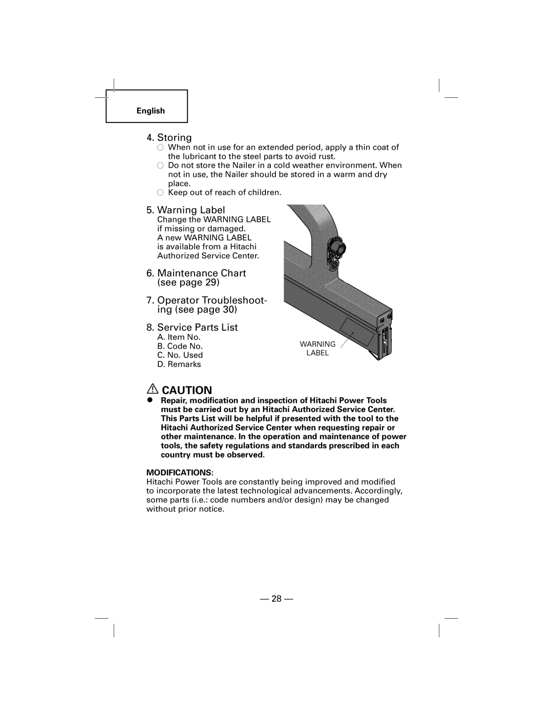 Hitachi NT50AGF manual Storing, Modifications 