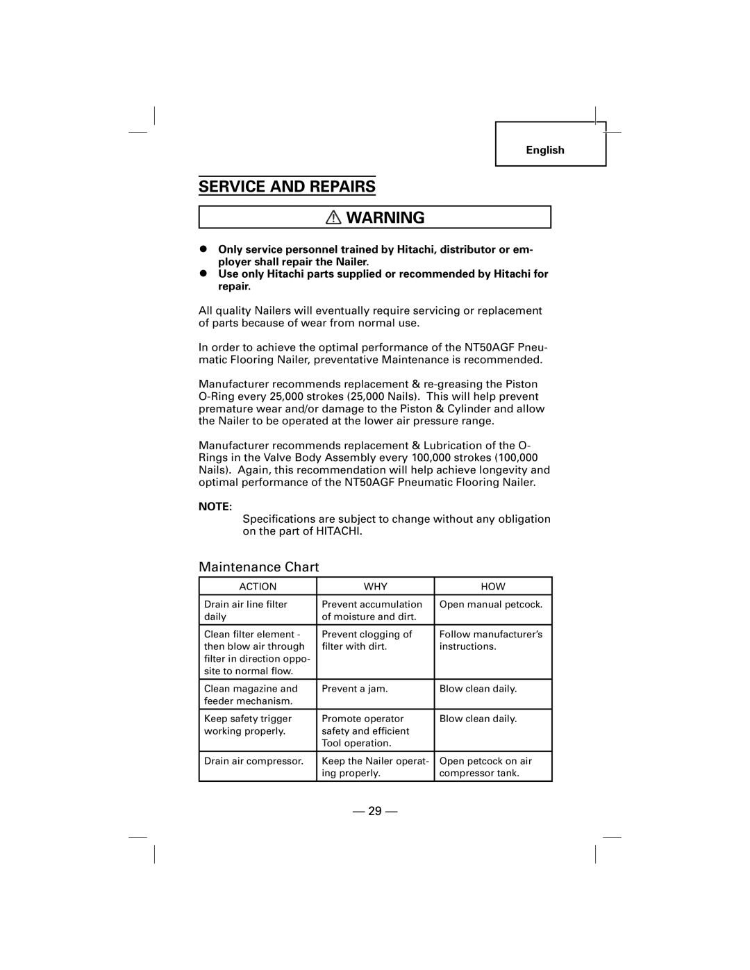 Hitachi NT50AGF manual Service and Repairs, Maintenance Chart 