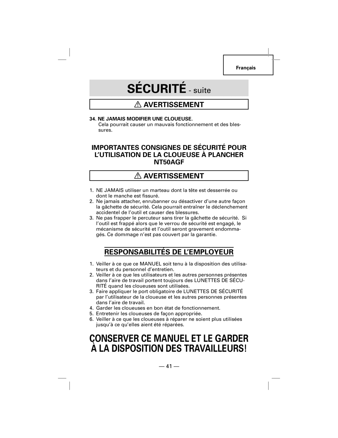 Hitachi NT50AGF manual Responsabilités DE L’EMPLOYEUR, NE Jamais Modifier UNE Cloueuse 