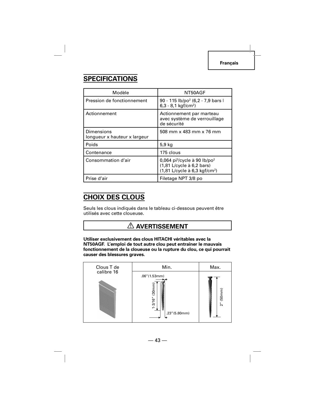 Hitachi NT50AGF manual Choix DES Clous, Avertissement 