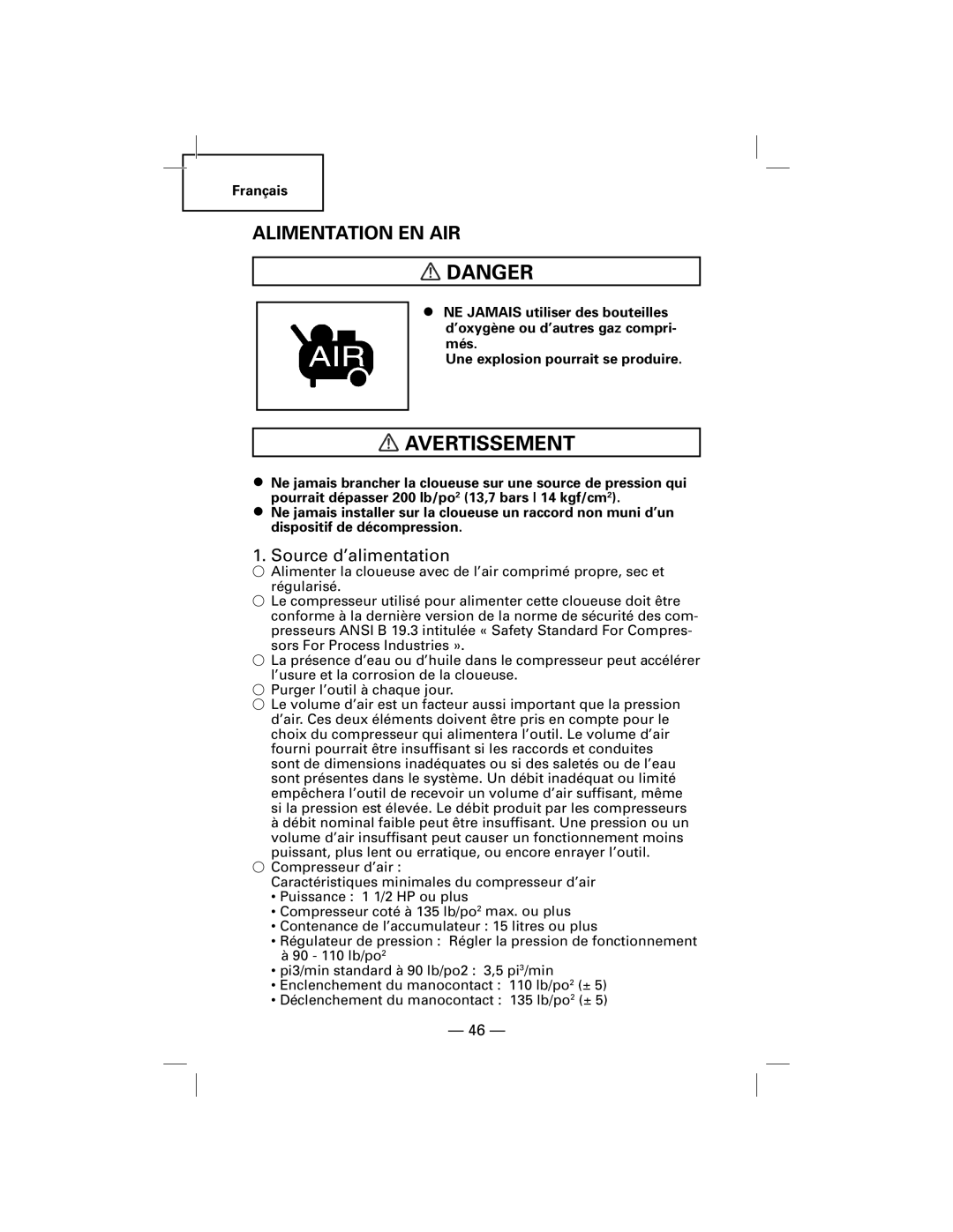 Hitachi NT50AGF manual Alimentation EN AIR, Source d’alimentation 