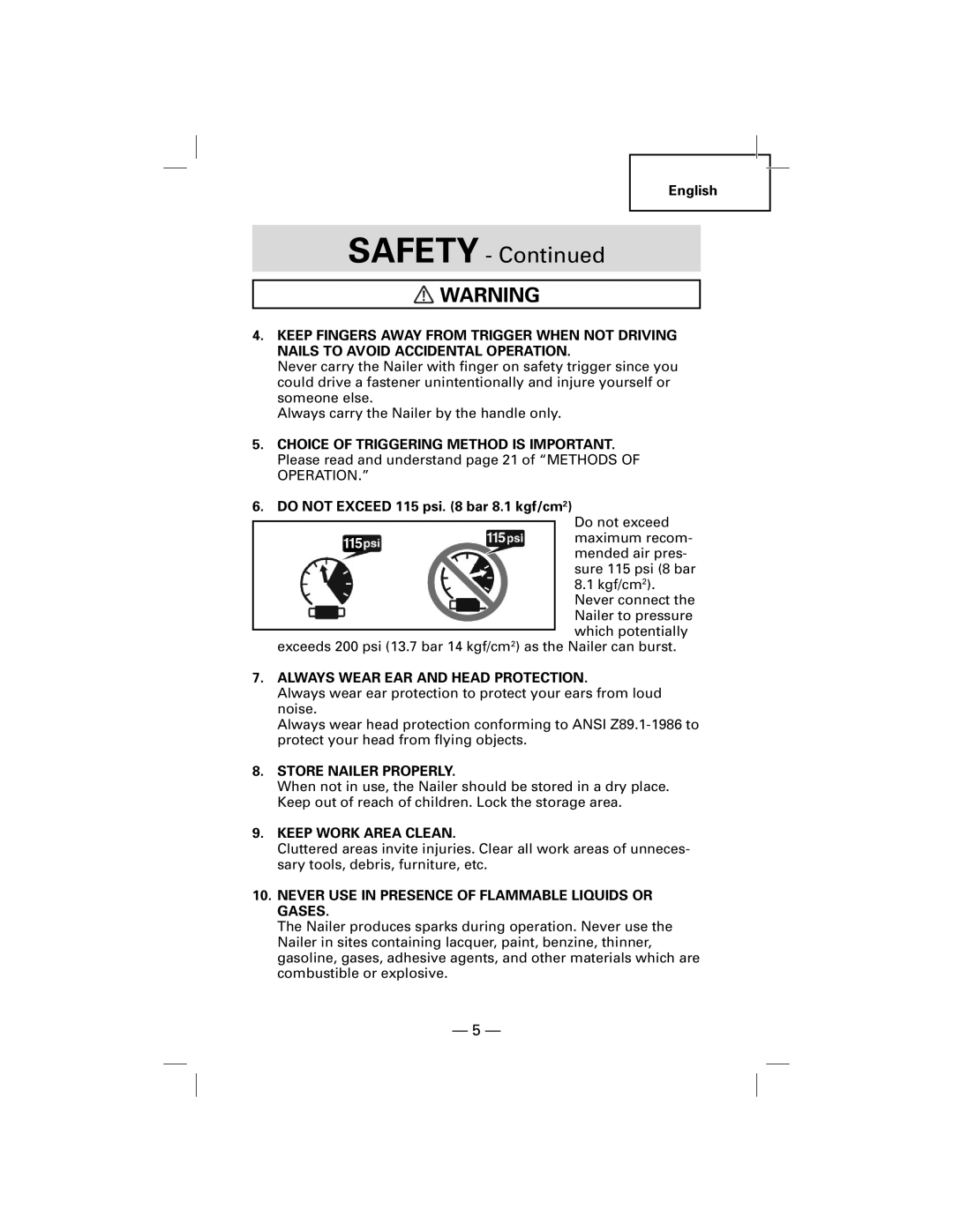 Hitachi NT50AGF manual Always Wear EAR and Head Protection, Store Nailer Properly, Keep Work Area Clean 