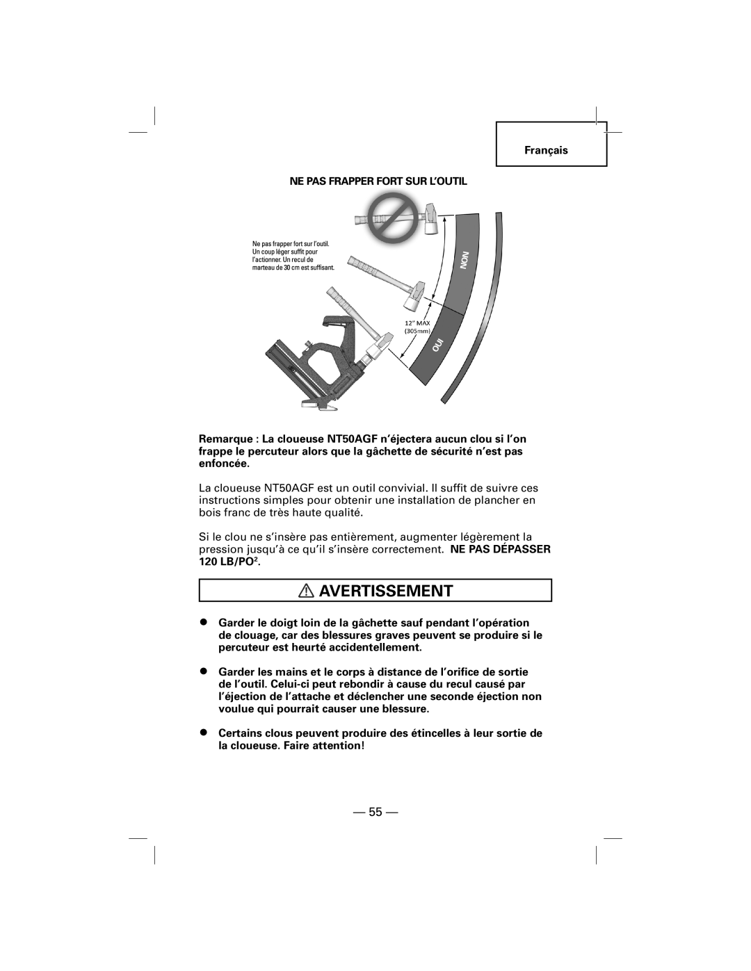 Hitachi NT50AGF manual Avertissement 