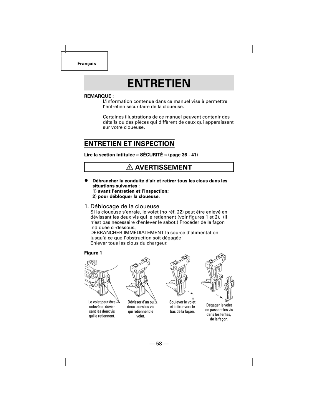 Hitachi NT50AGF manual Entretien ET Inspection, Déblocage de la cloueuse 