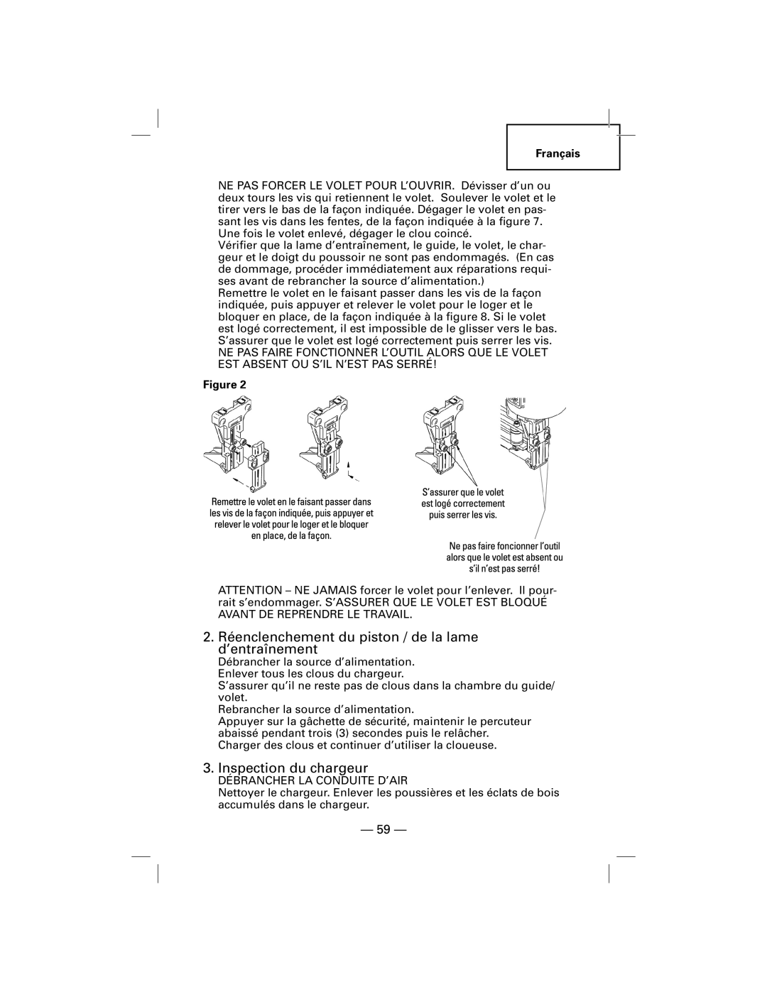 Hitachi NT50AGF manual Réenclenchement du piston / de la lame d’entraînement, Inspection du chargeur 