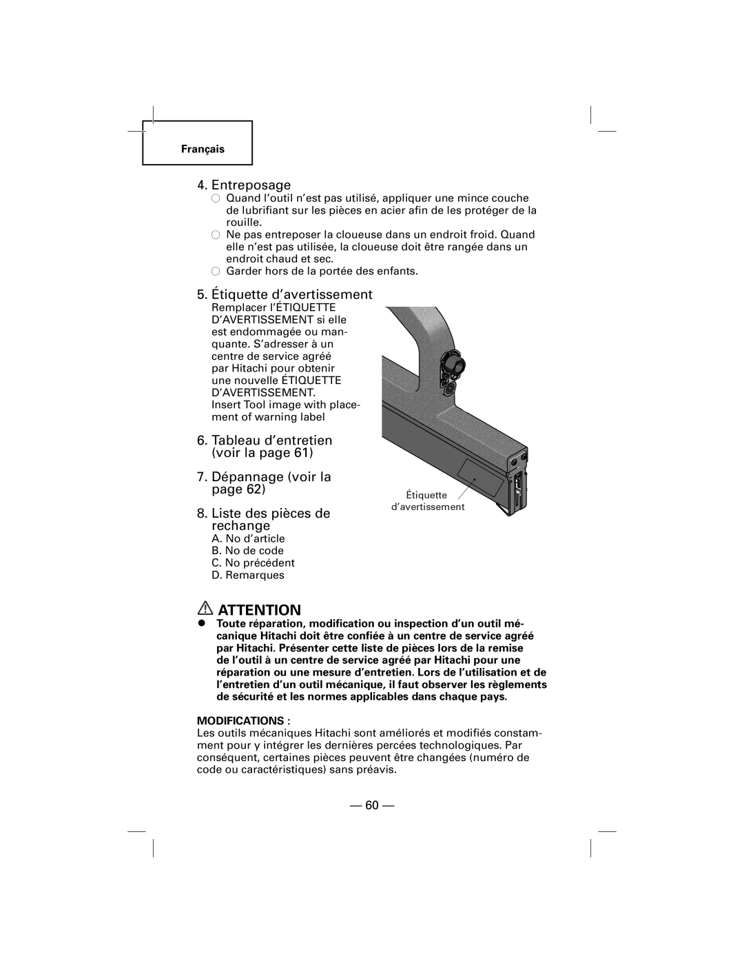 Hitachi NT50AGF manual Entreposage, Étiquette d’avertissement 