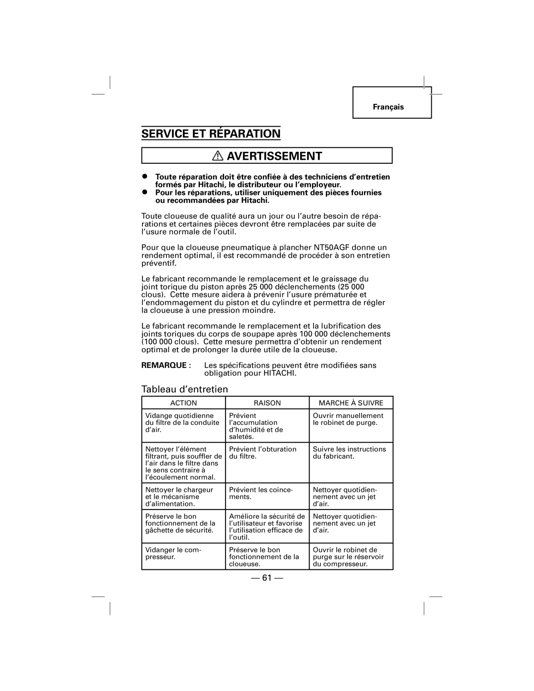 Hitachi NT50AGF manual Service ET Réparation Avertissement, Tableau d’entretien 