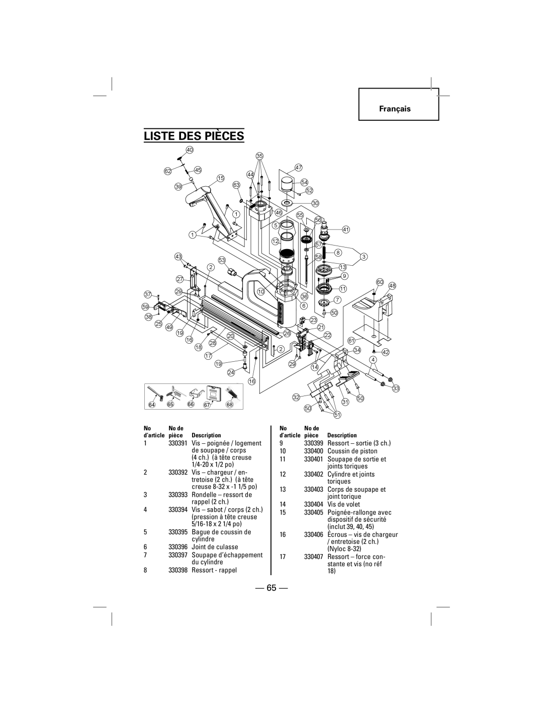 Hitachi NT50AGF manual Liste DES Pièces, ’article 