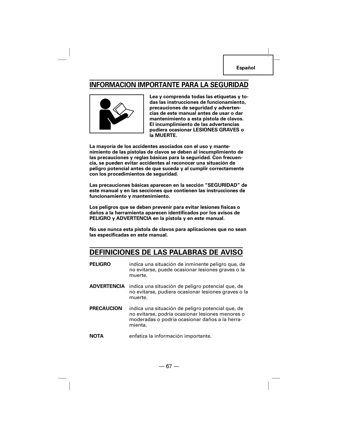 Hitachi NT50AGF manual Informacion Importante Para LA Seguridad, Definiciones DE LAS Palabras DE Aviso, Nota 