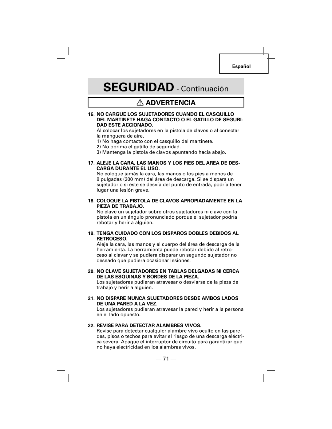 Hitachi NT50AGF manual Tenga Cuidado CON LOS Disparos Dobles Debidos AL Retroceso, Revise Para Detectar Alambres Vivos 