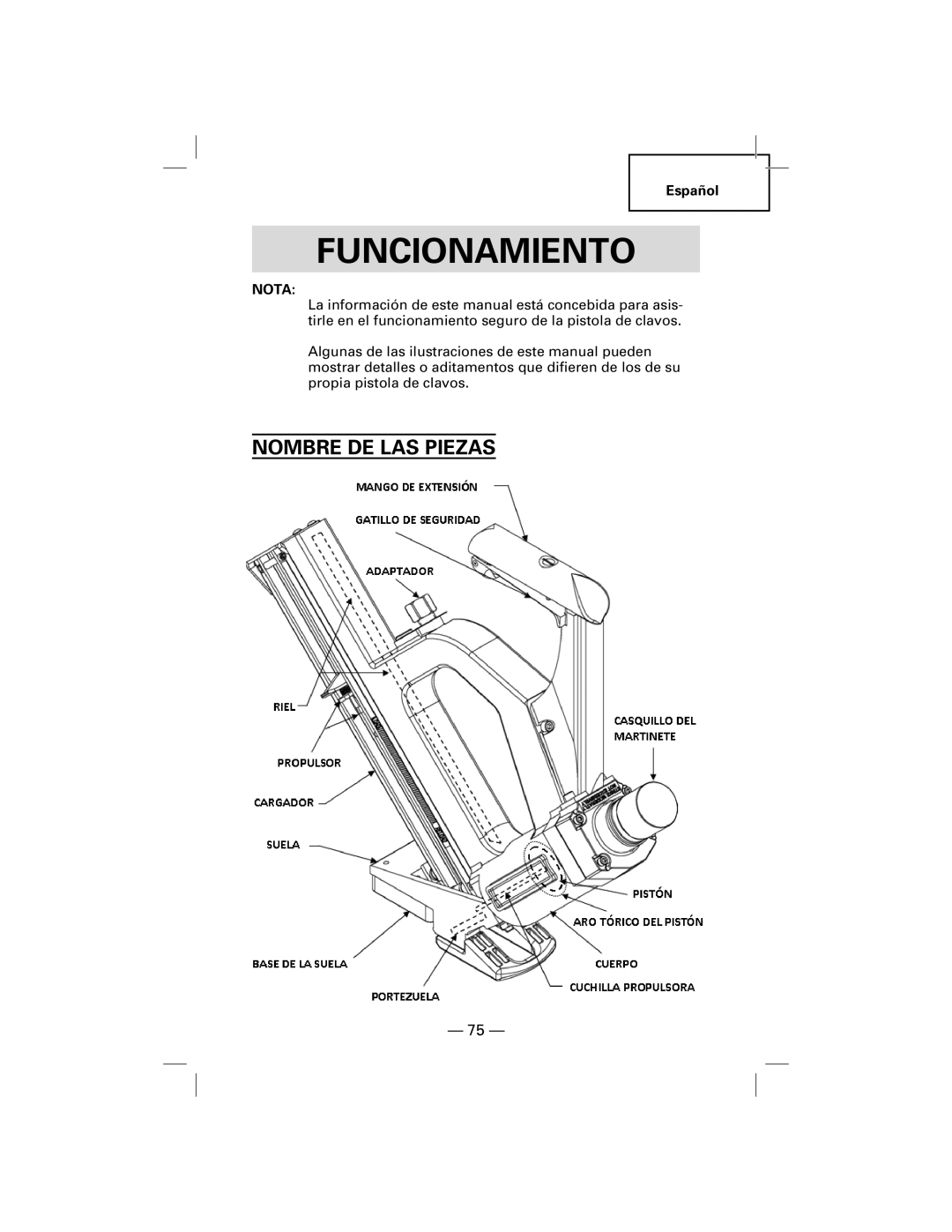 Hitachi NT50AGF manual Funcionamiento, Nombre DE LAS Piezas 