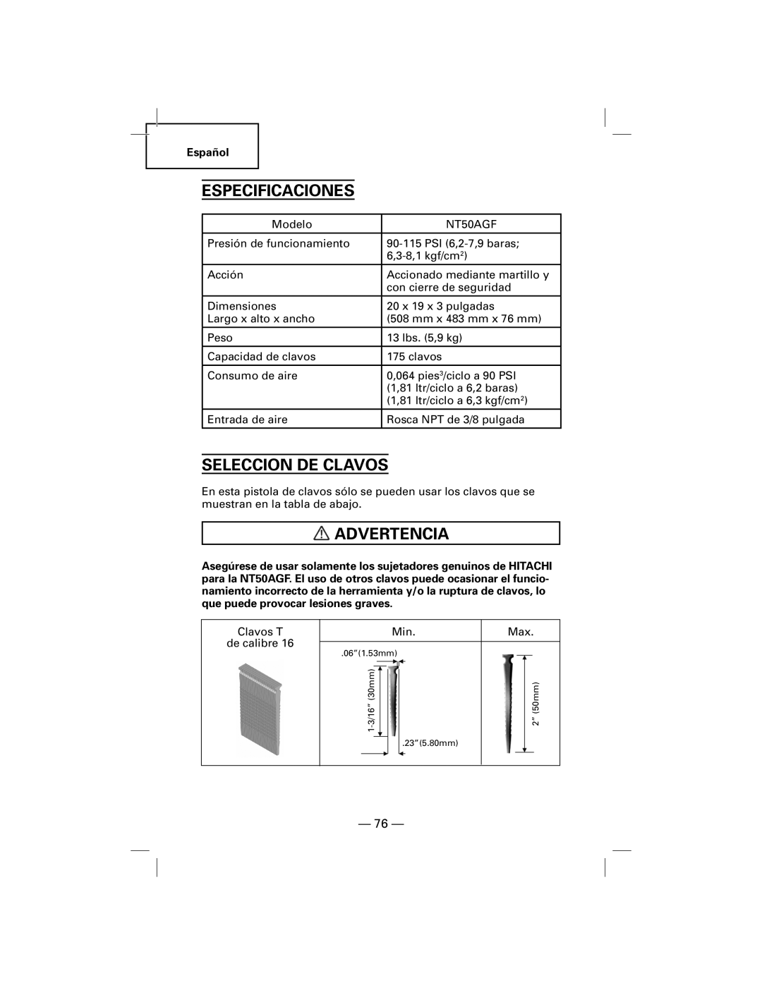 Hitachi NT50AGF manual Especificaciones, Seleccion DE Clavos 