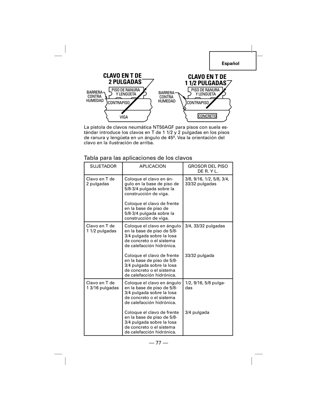 Hitachi NT50AGF manual Tabla para las aplicaciones de los clavos, Sujetador Aplicacion Grosor DEL Piso 