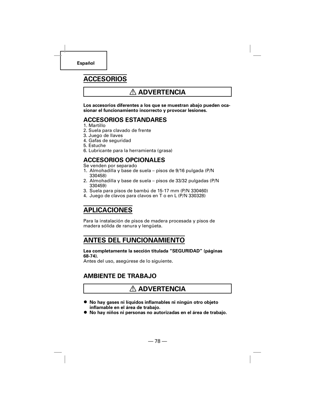 Hitachi NT50AGF manual Accesorios Advertencia, Aplicaciones, Antes DEL Funcionamiento 