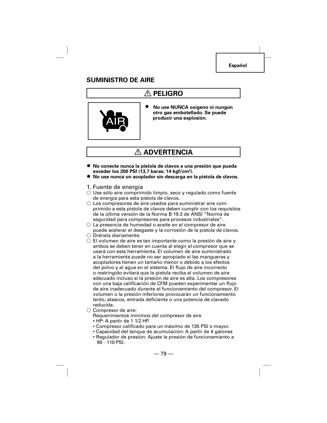 Hitachi NT50AGF manual Suministro DE Aire, Fuente de energía 